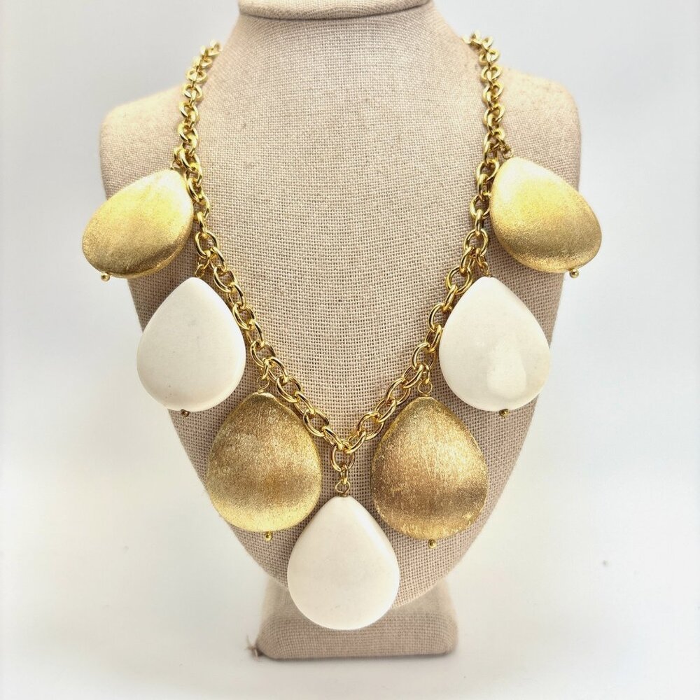 Gold Over Sterling Silver White Stone Textured Gold Drop Statement Necklace 18"